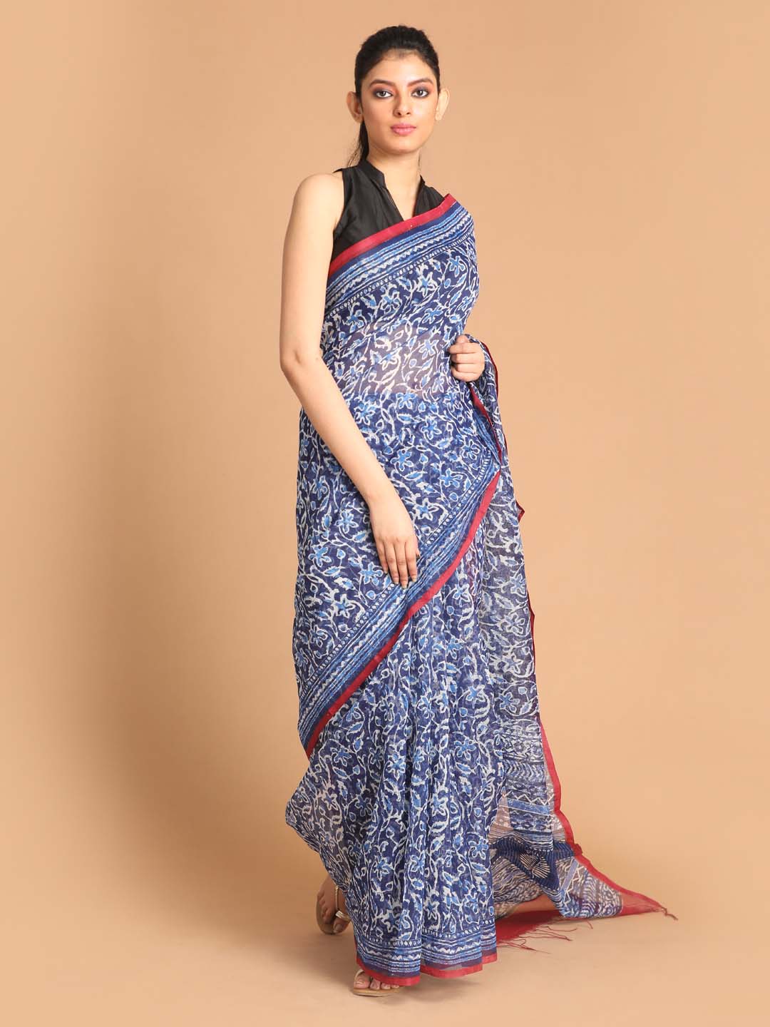 Indethnic Printed Super Net Saree in Blue - View 1