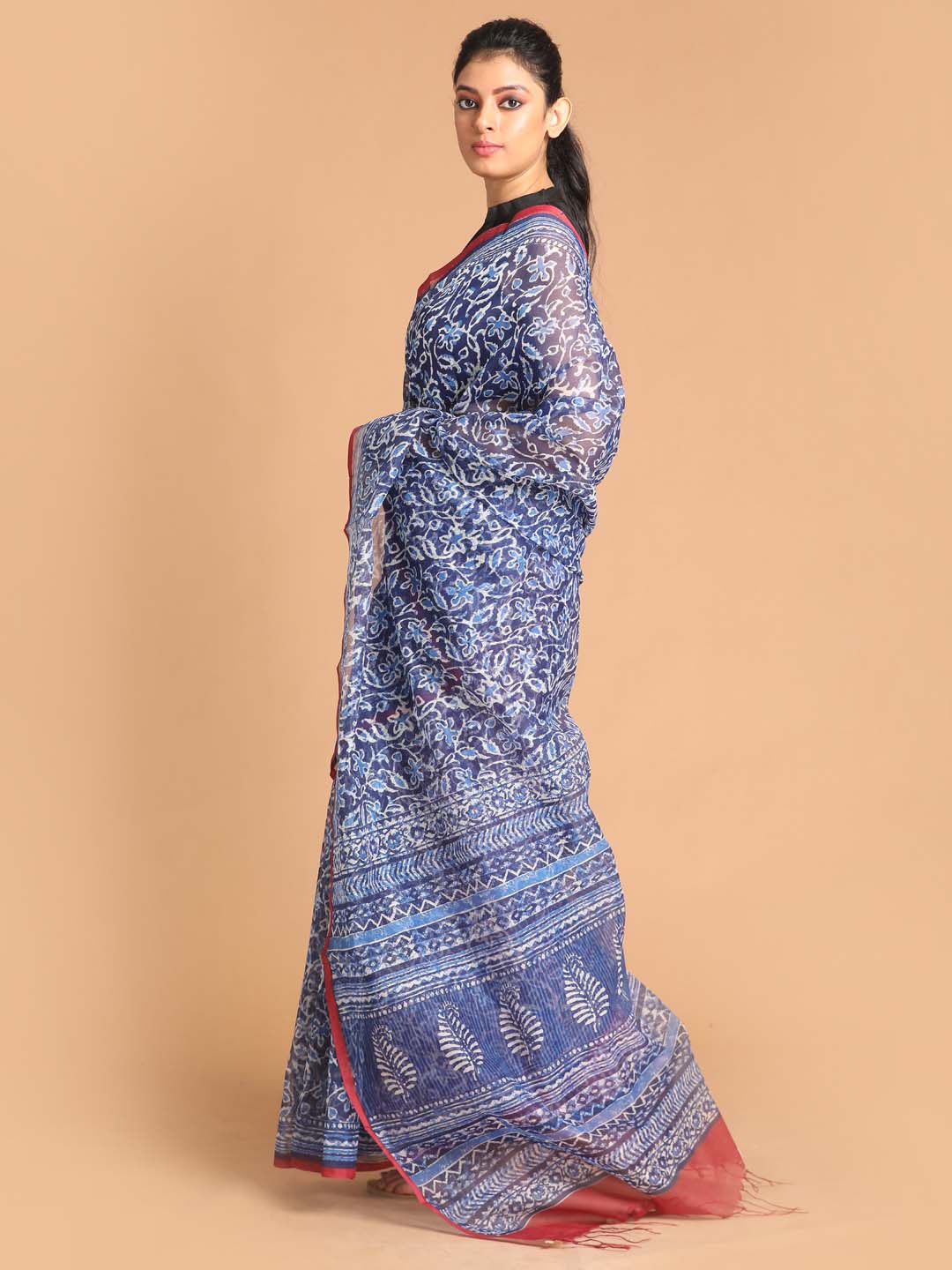 Indethnic Printed Super Net Saree in Blue - View 2