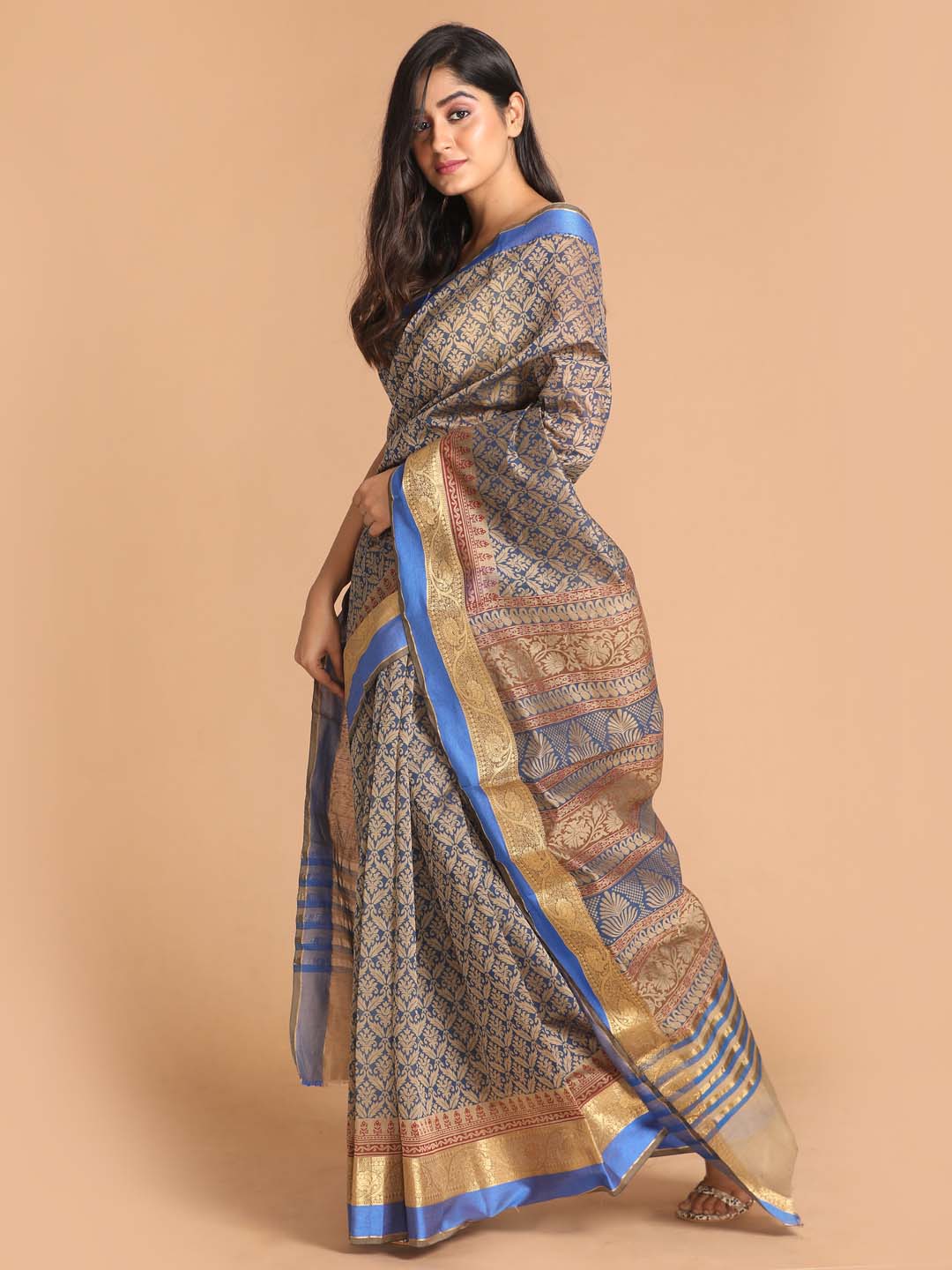 Indethnic Printed Cotton Blend Saree in Blue - View 2