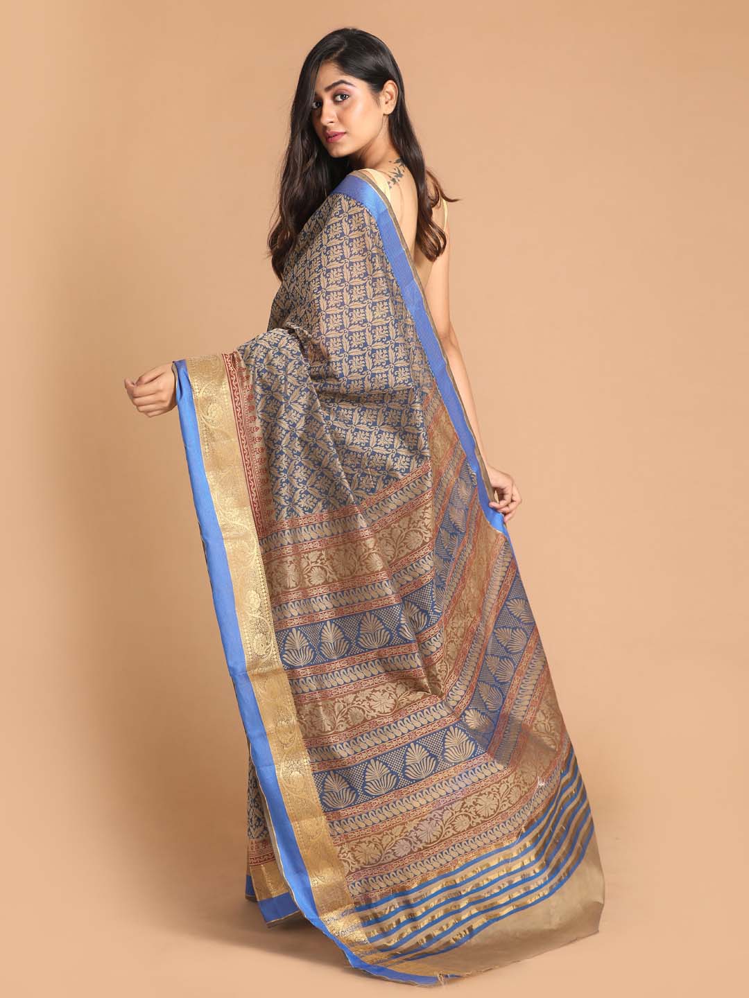 Indethnic Printed Cotton Blend Saree in Blue - View 3