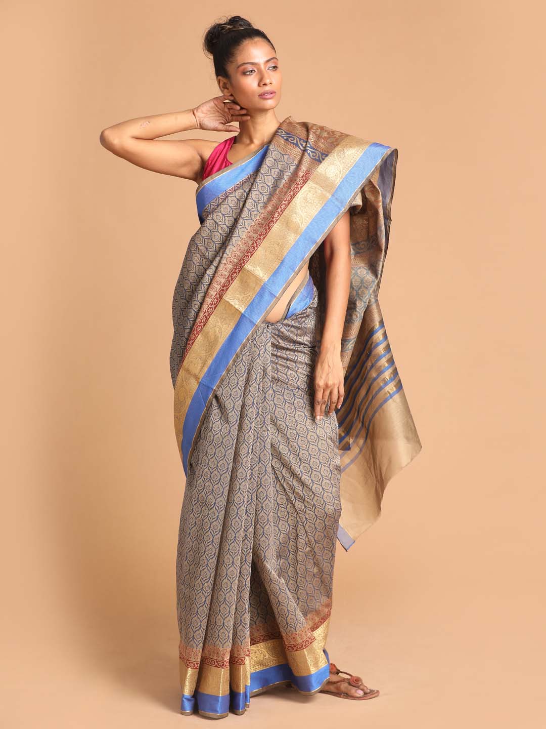 Indethnic Printed Cotton Blend Saree in Blue - View 1