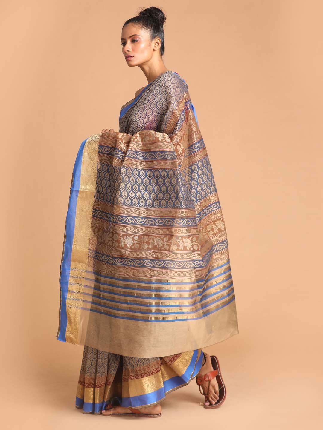 Indethnic Printed Cotton Blend Saree in Blue - View 2