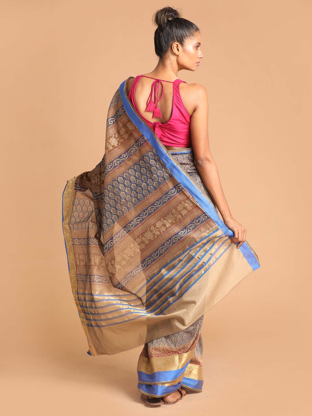 Indethnic Printed Cotton Blend Saree in Blue - View 3