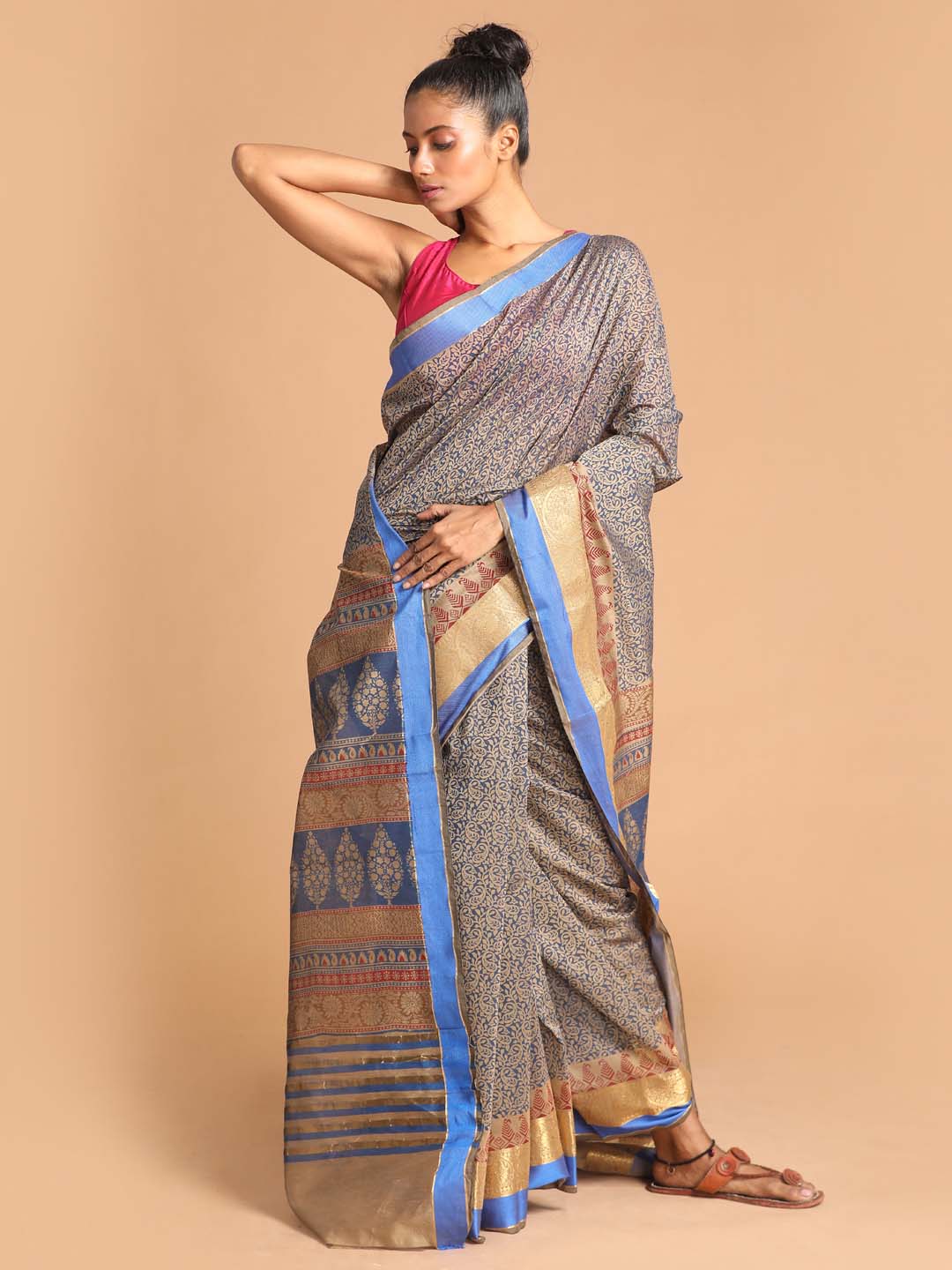 Indethnic Printed Cotton Blend Saree in Blue - View 1