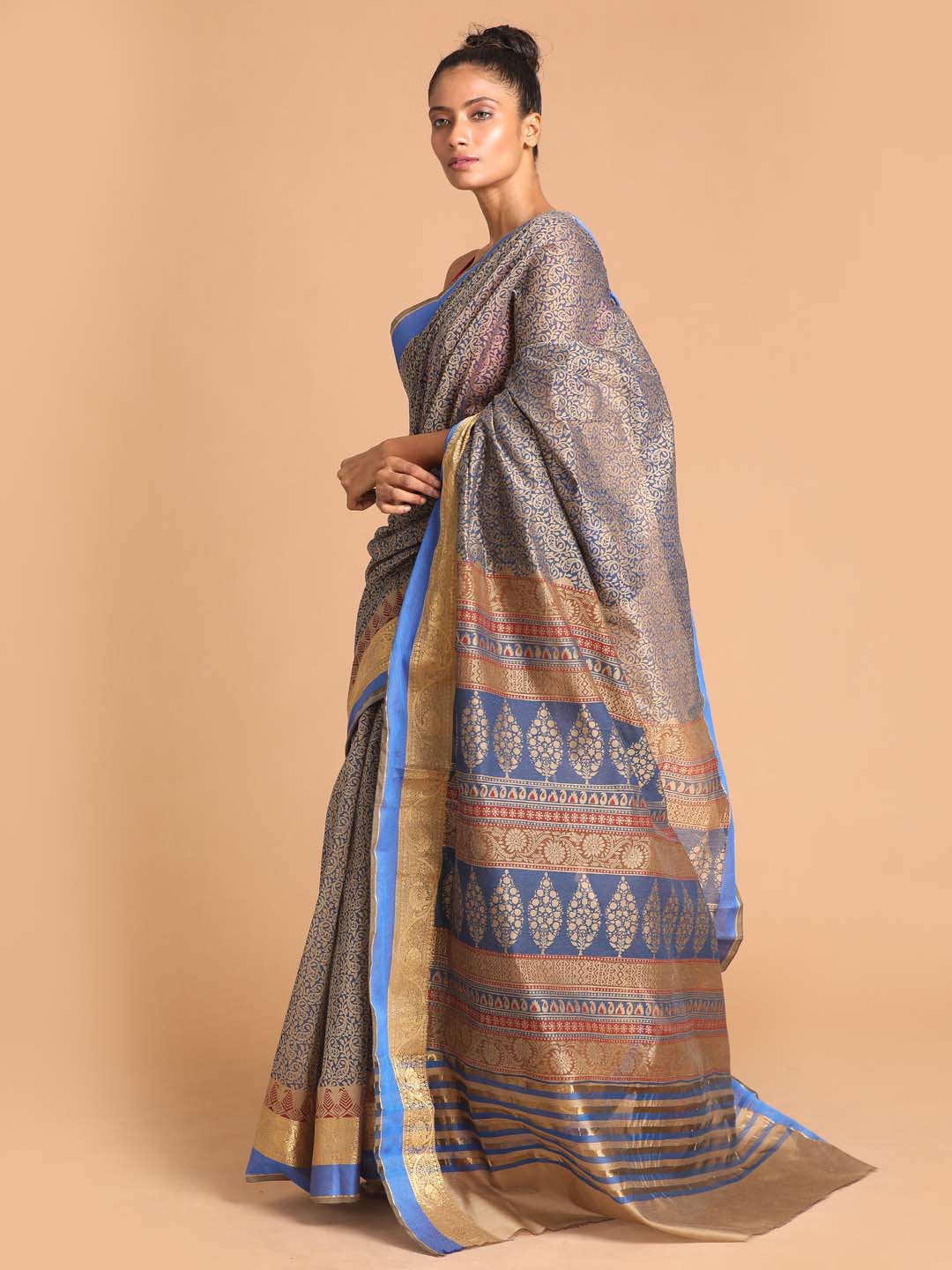 Indethnic Printed Cotton Blend Saree in Blue - View 2