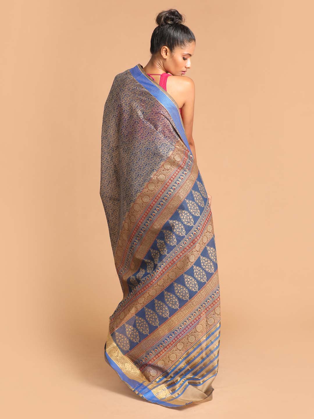 Indethnic Printed Cotton Blend Saree in Blue - View 3