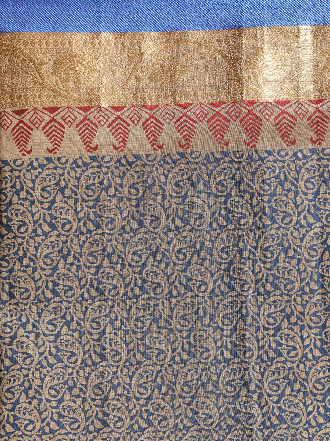 Indethnic Printed Cotton Blend Saree in Blue - Saree Detail View