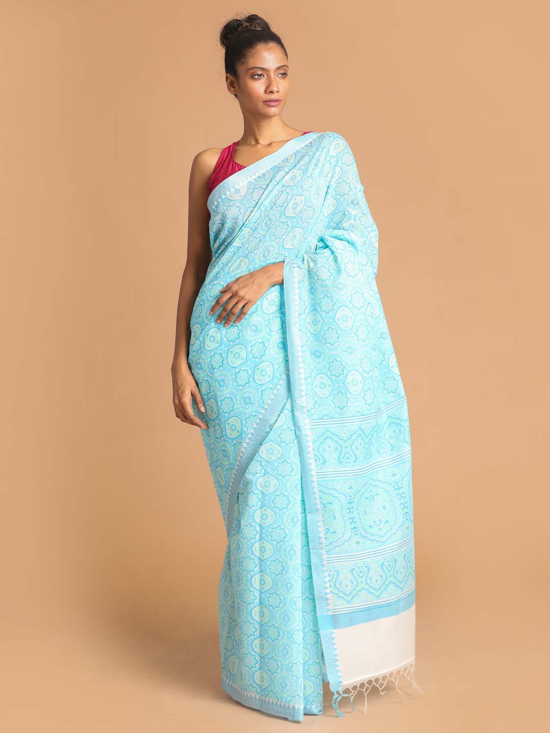 Indethnic Printed Cotton Blend Saree in Blue - View 1