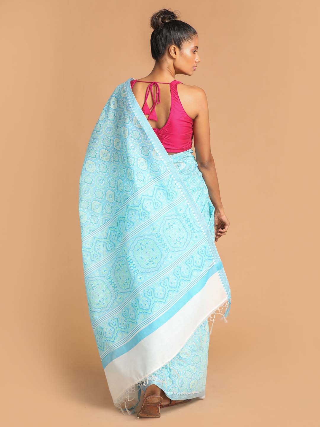 Indethnic Printed Cotton Blend Saree in Blue - View 3