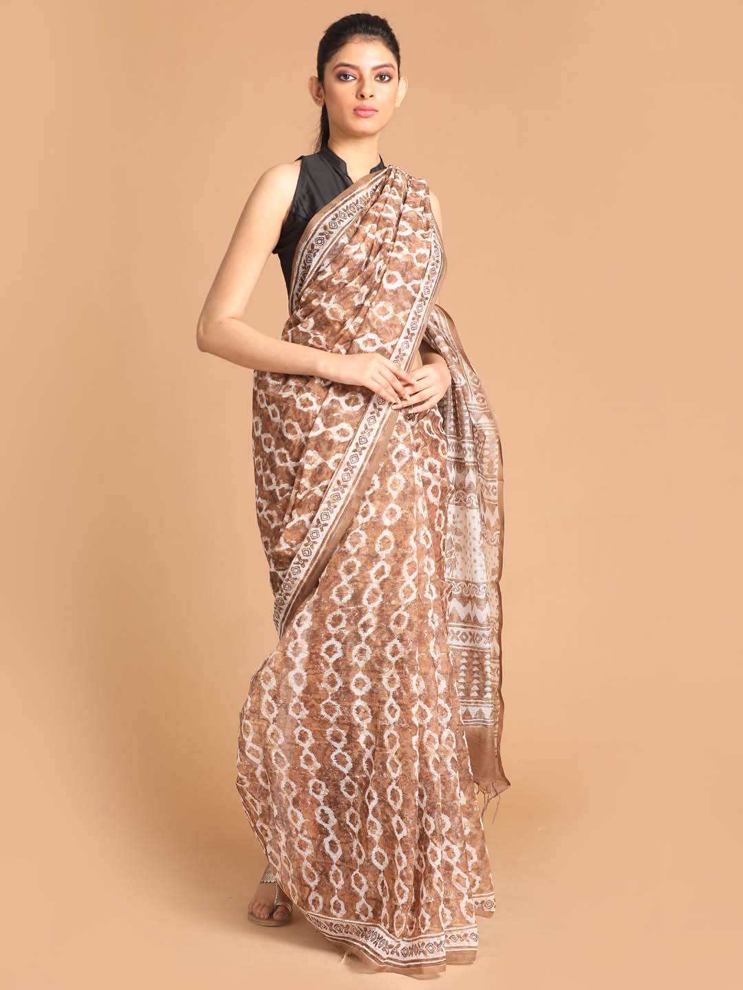 Indethnic Printed Super Net Saree in Brown - View 1