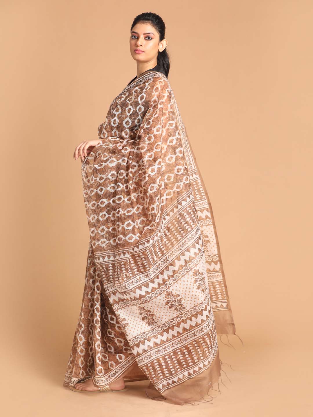 Indethnic Printed Super Net Saree in Brown - View 2