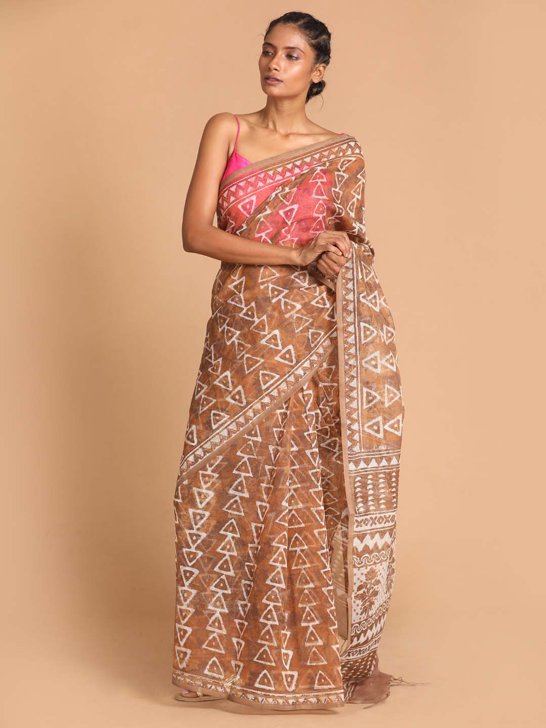 Indethnic Printed Super Net Saree in Brown - View 1