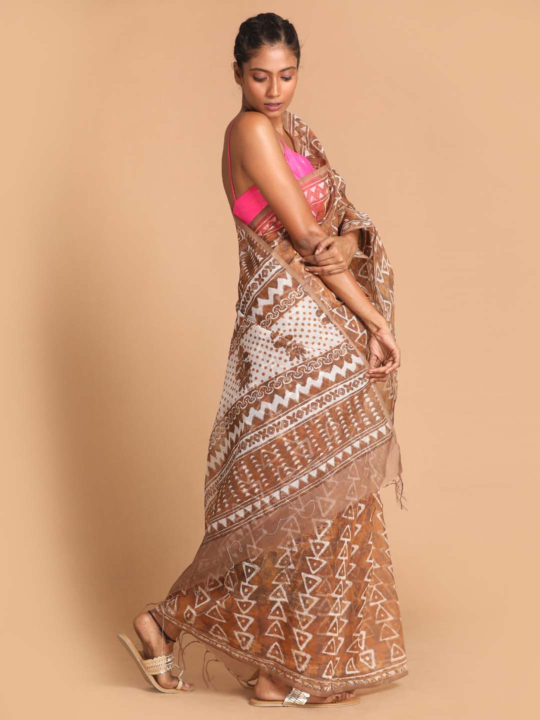 Indethnic Printed Super Net Saree in Brown - View 2