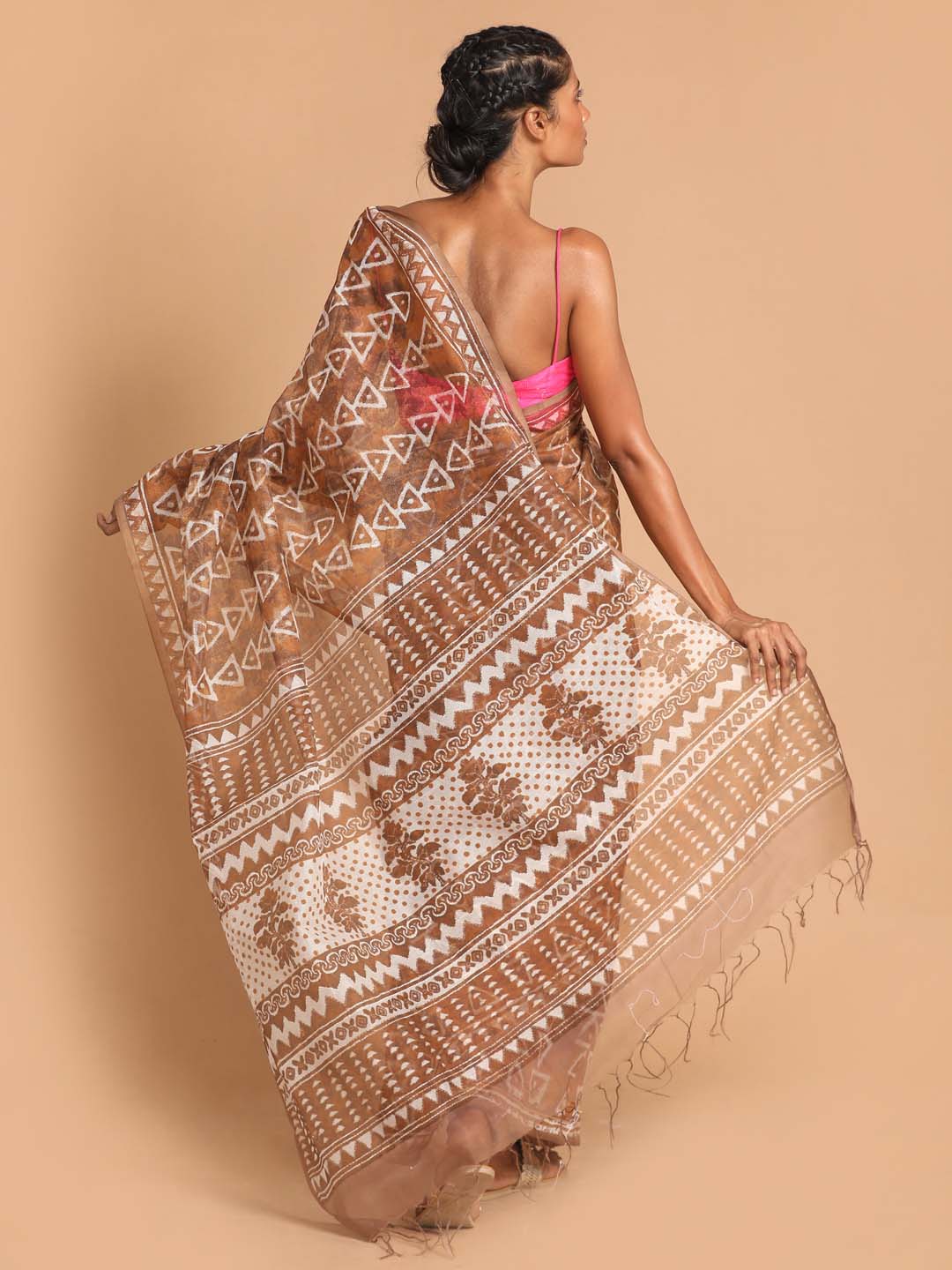 Indethnic Printed Super Net Saree in Brown - View 3