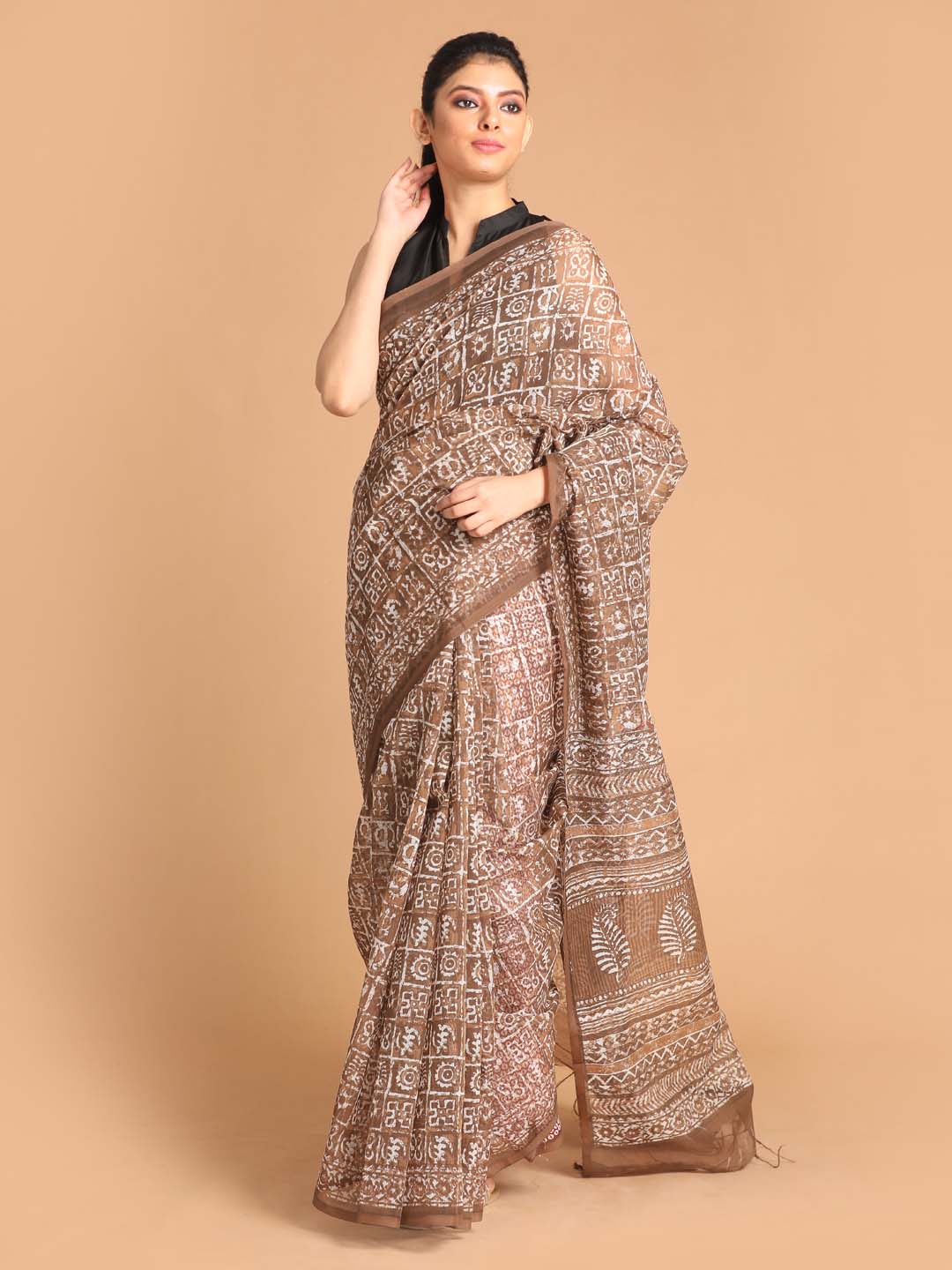 Indethnic Printed Super Net Saree in Brown - View 1