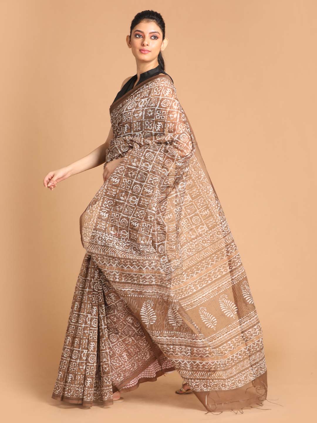 Indethnic Printed Super Net Saree in Brown - View 2