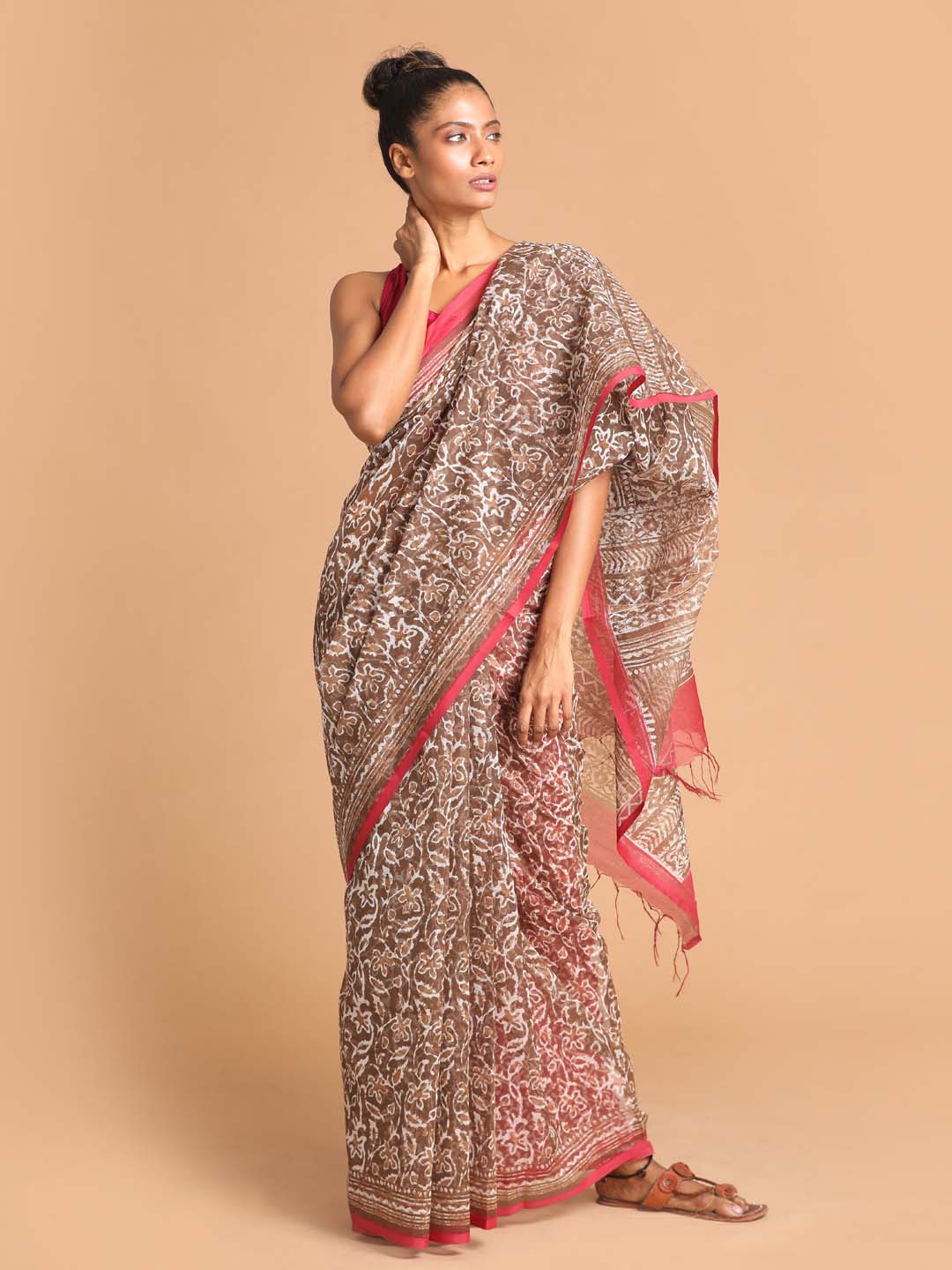 Indethnic Printed Super Net Saree in Brown - View 1