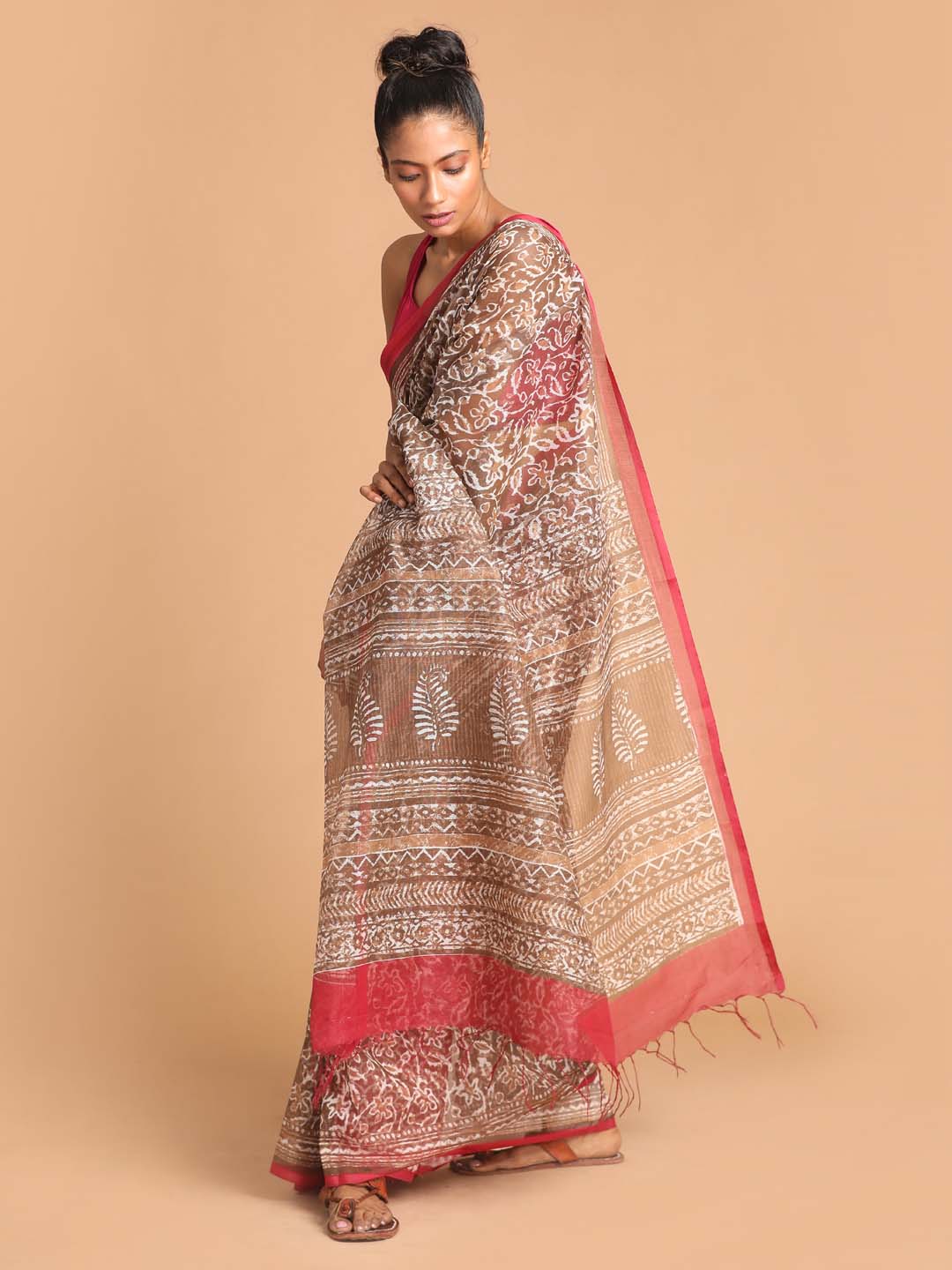 Indethnic Printed Super Net Saree in Brown - View 2