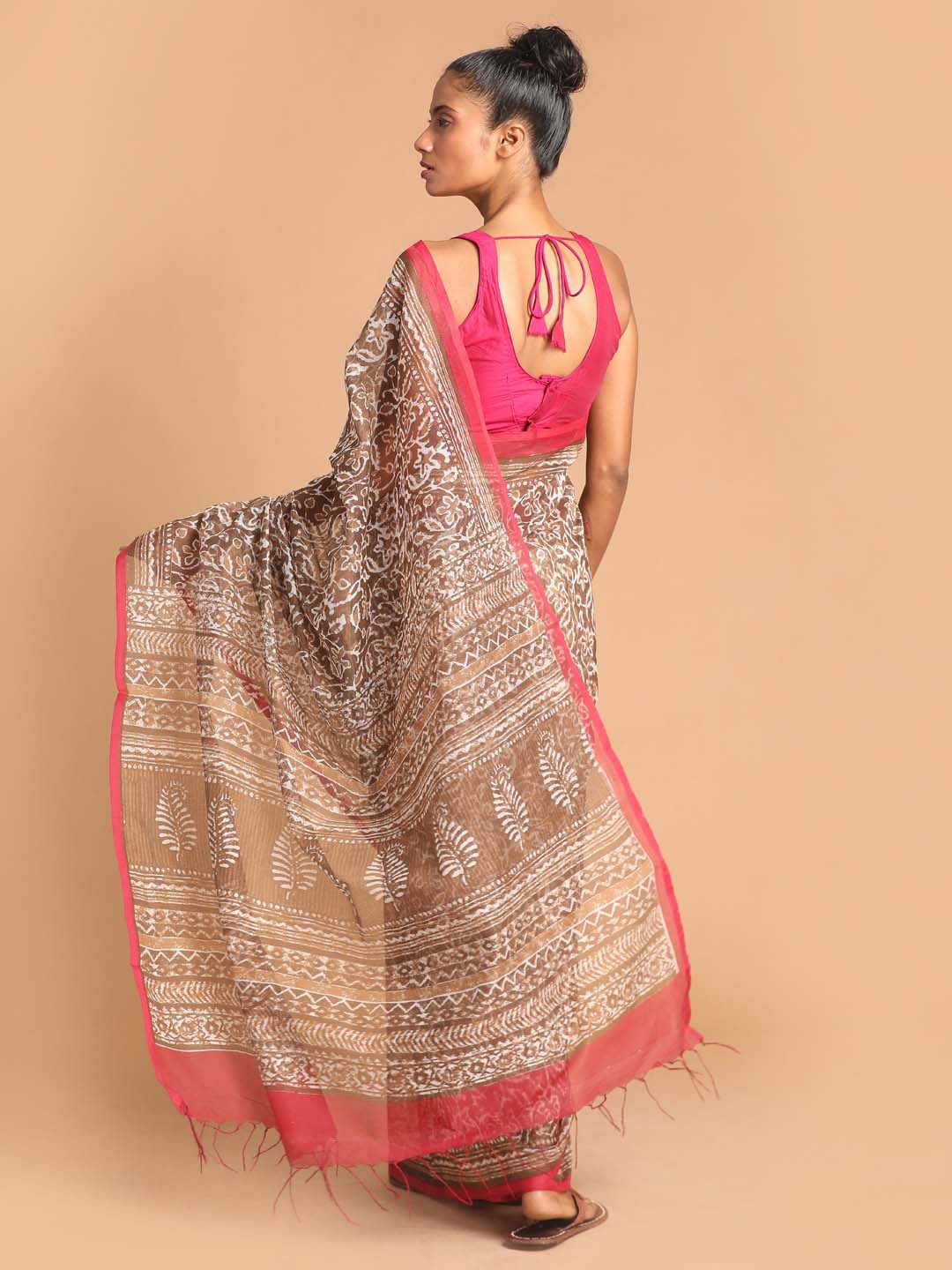 Indethnic Printed Super Net Saree in Brown - View 3