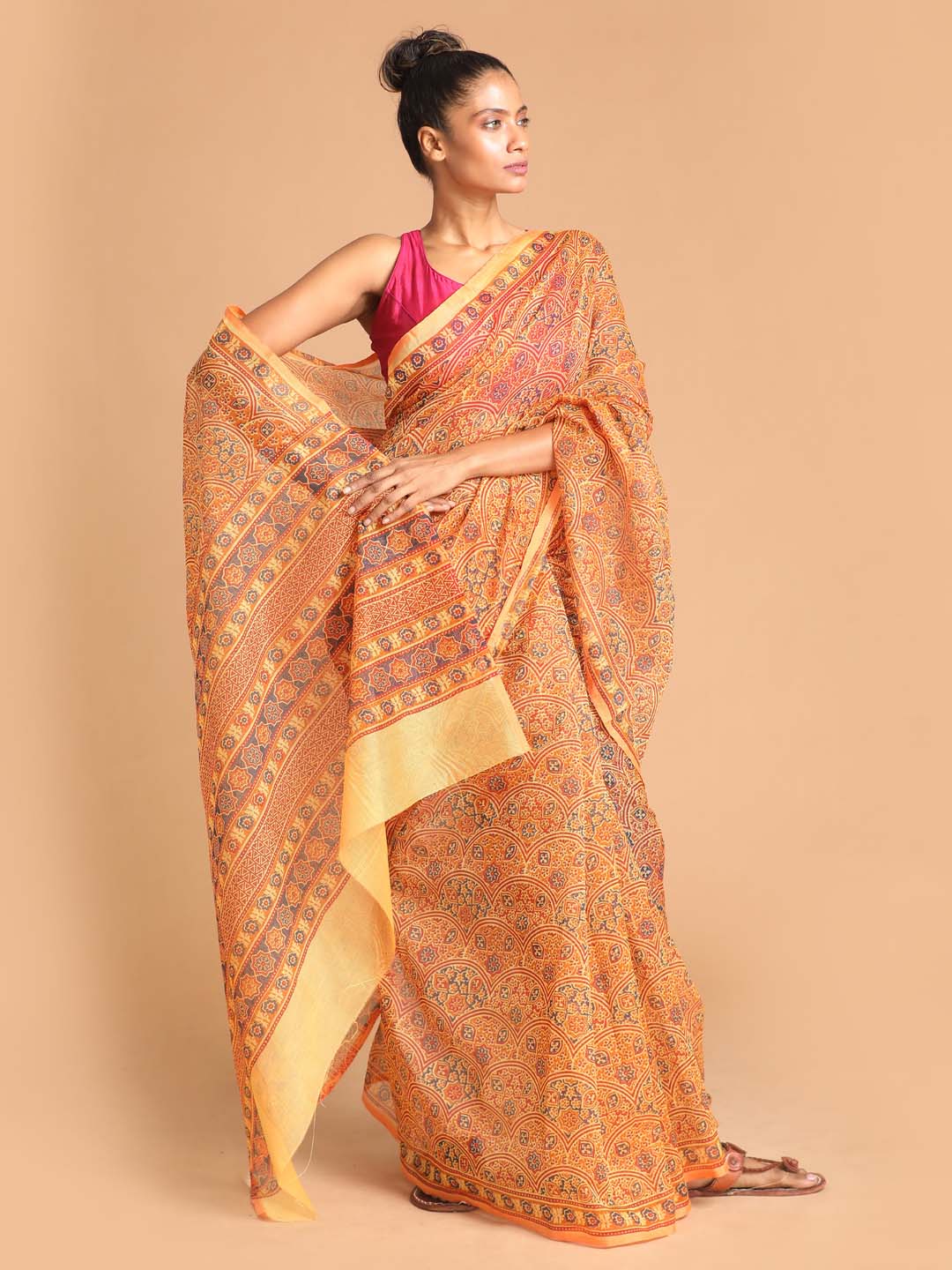 Indethnic Printed Super Net Saree in Coral - View 1