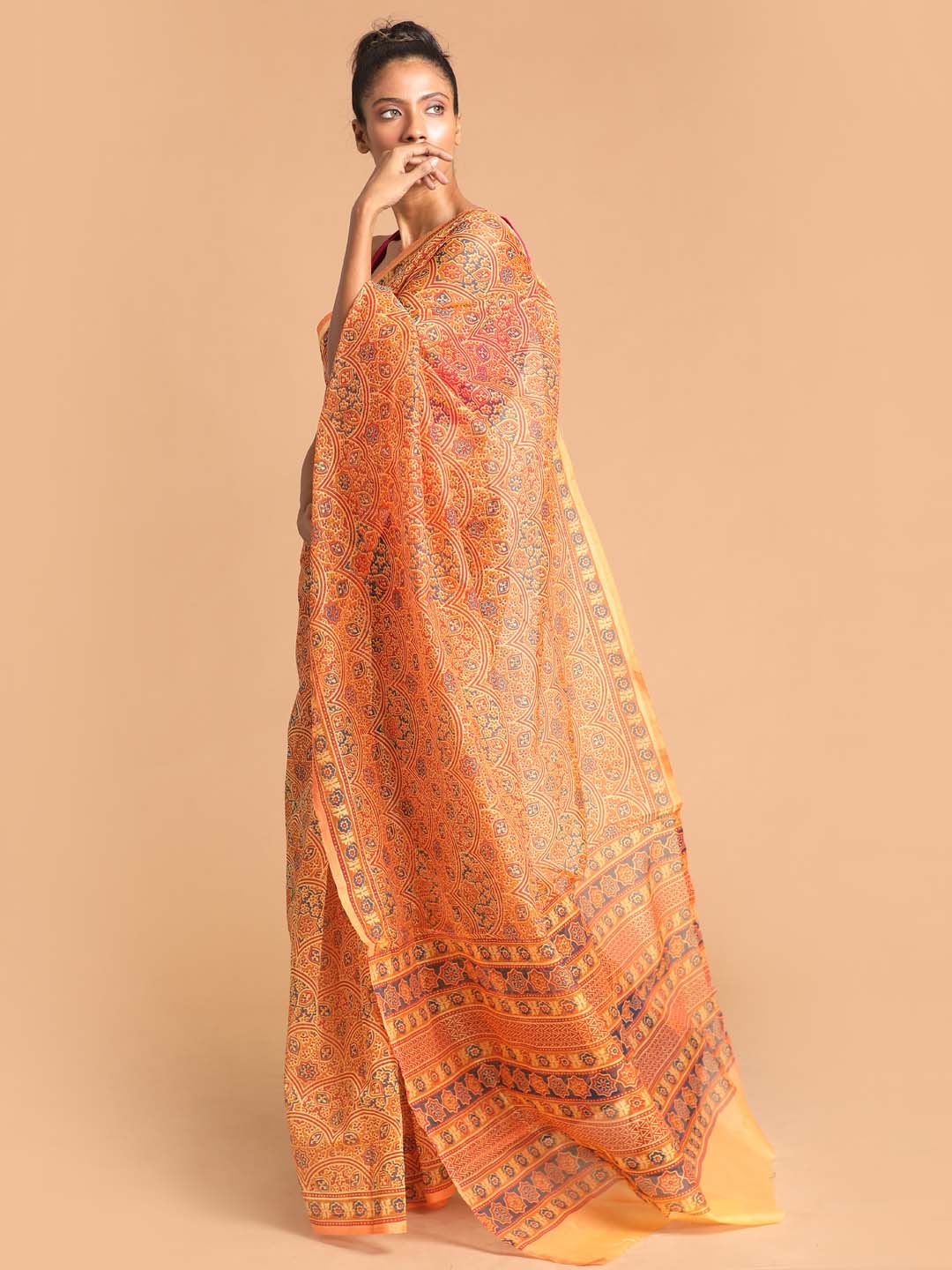 Indethnic Printed Super Net Saree in Coral - View 2