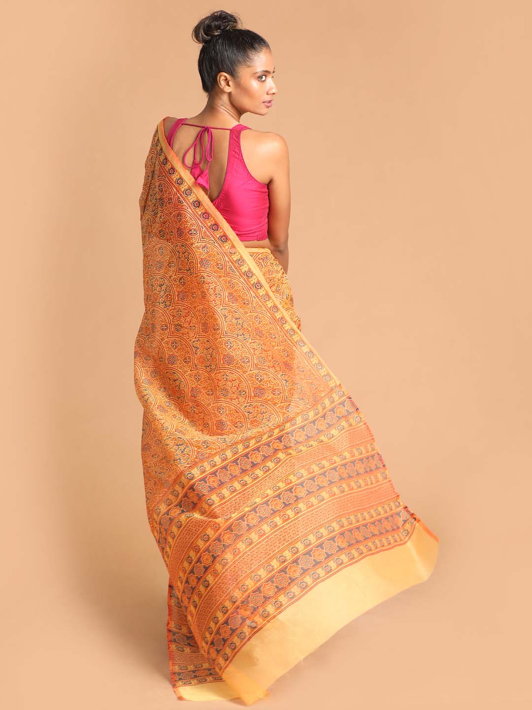 Indethnic Printed Super Net Saree in Coral - View 3