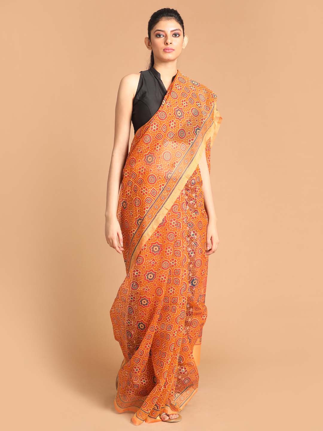 Indethnic Printed Super Net Saree in Coral - View 1