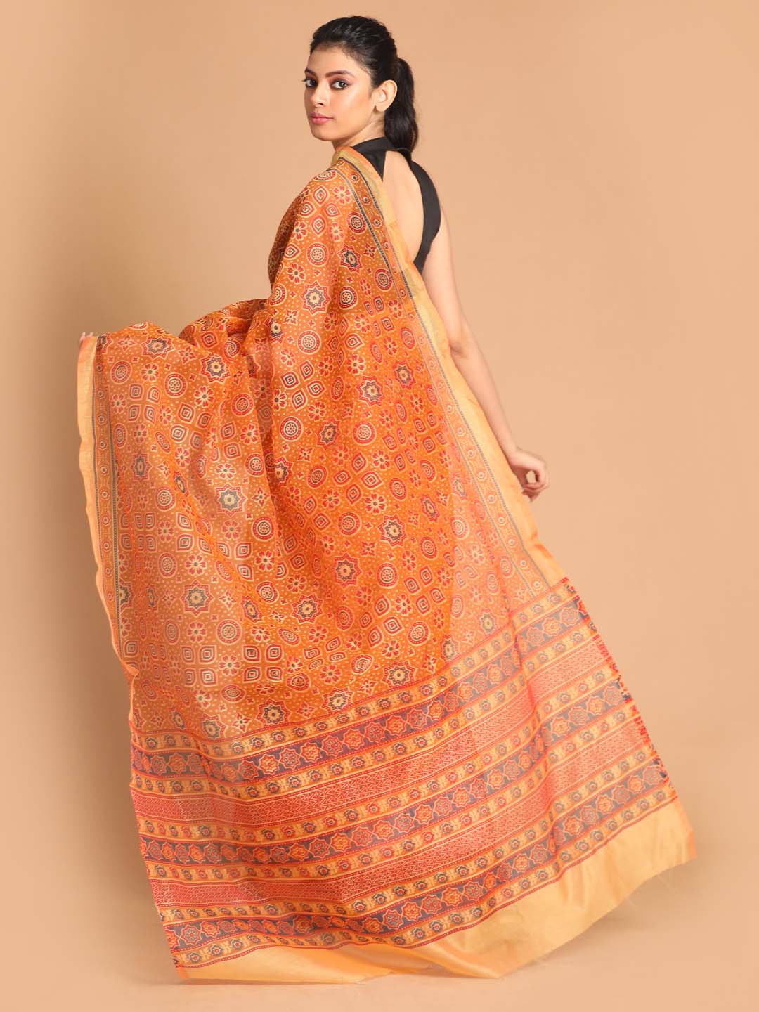 Indethnic Printed Super Net Saree in Coral - View 3