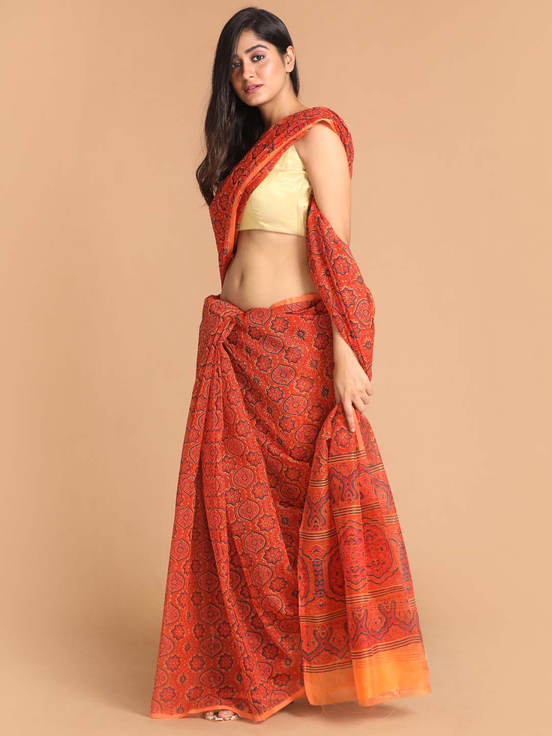 Indethnic Printed Cotton Blend Saree in Coral - View 2