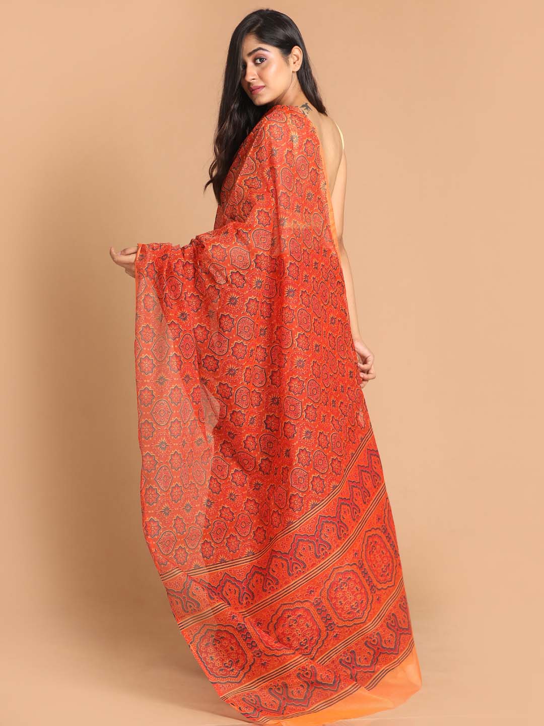 Indethnic Printed Cotton Blend Saree in Coral - View 3
