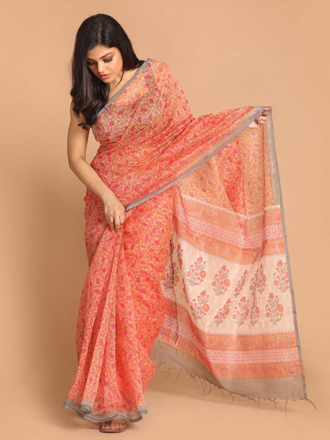 Indethnic Printed Super Net Saree in Coral - View 2