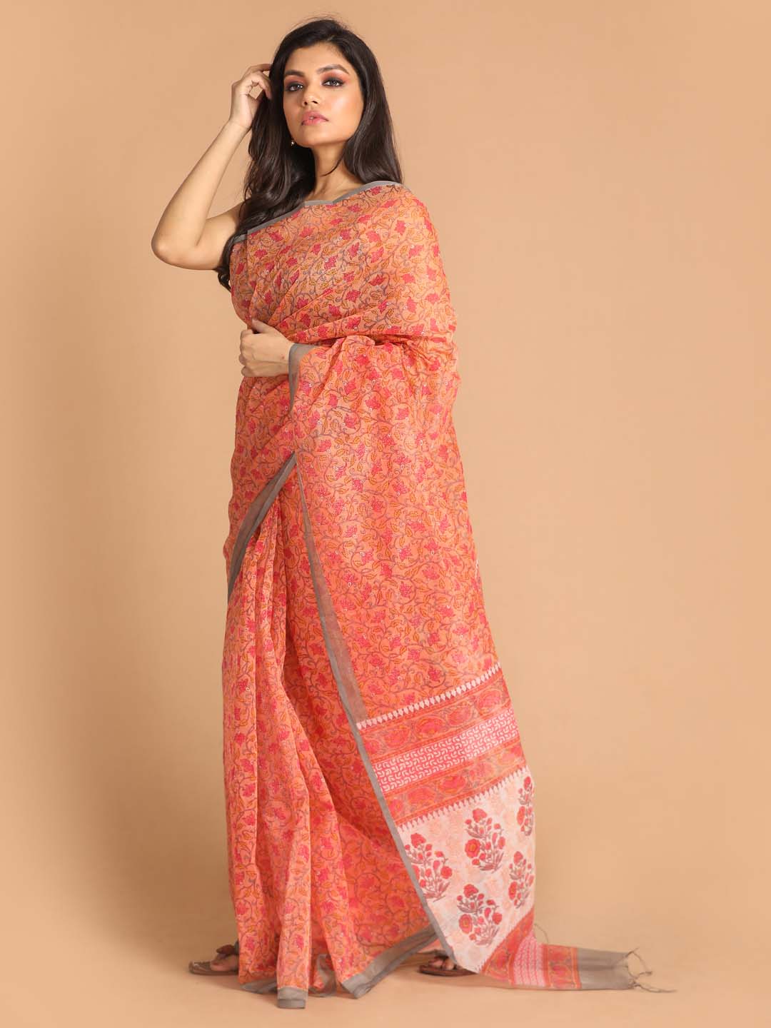 Indethnic Printed Super Net Saree in Coral - View 1