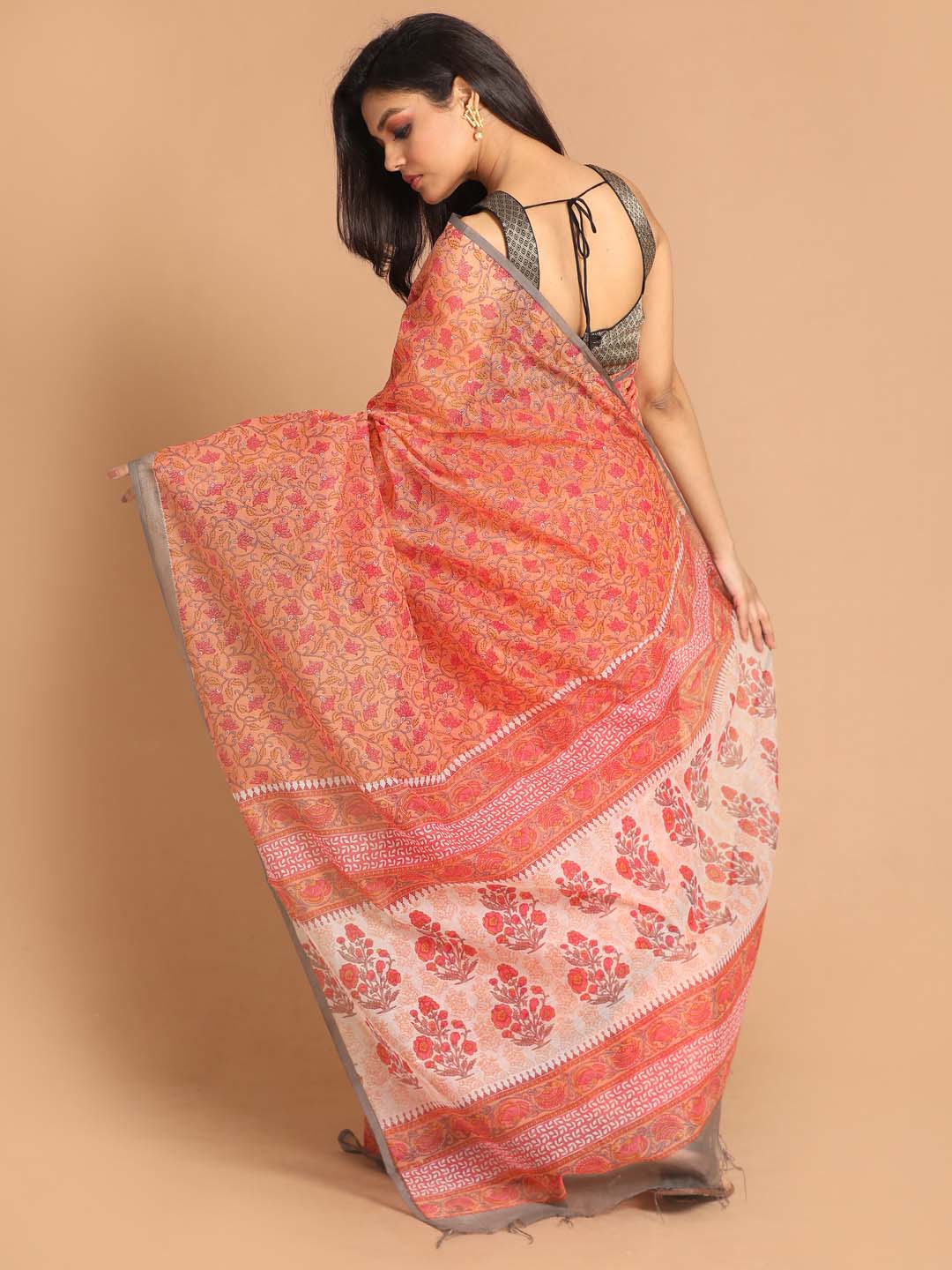 Indethnic Printed Super Net Saree in Coral - View 3