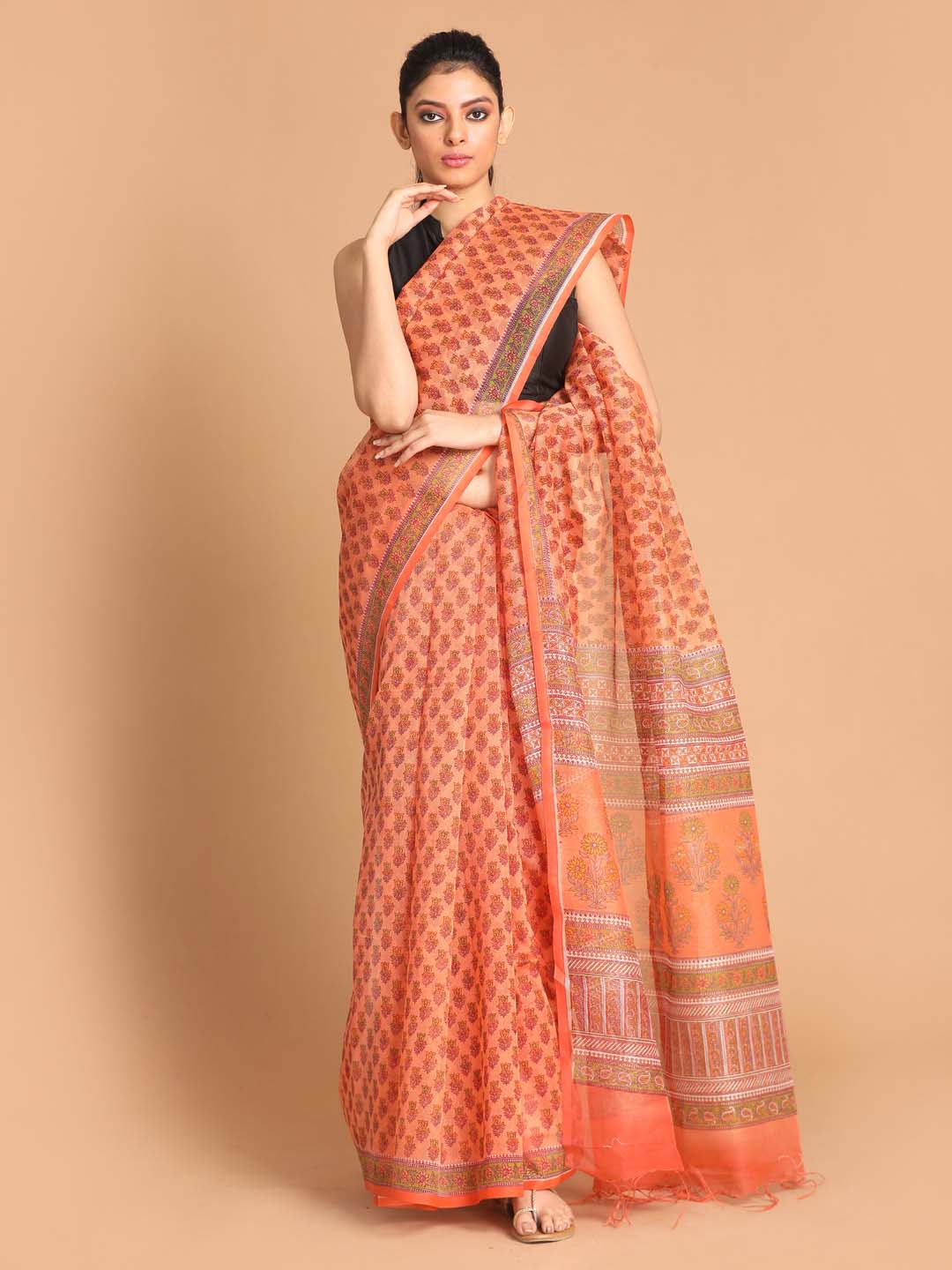 Indethnic Printed Super Net Saree in Coral - View 1