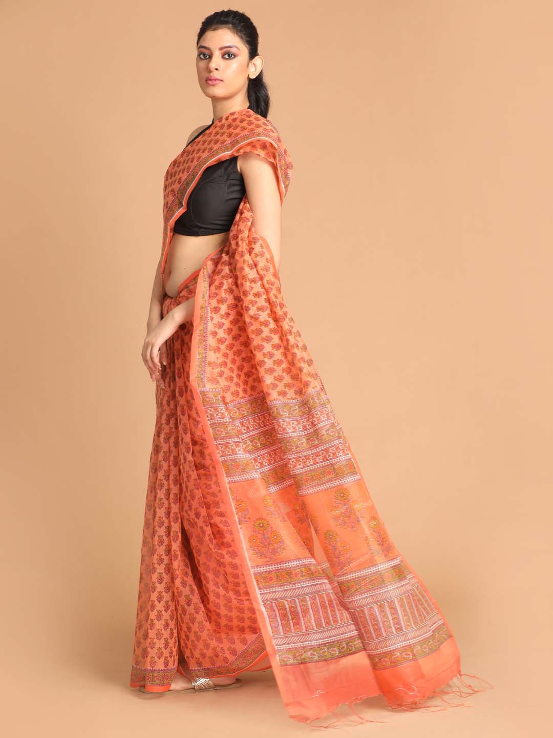 Indethnic Printed Super Net Saree in Coral - View 2