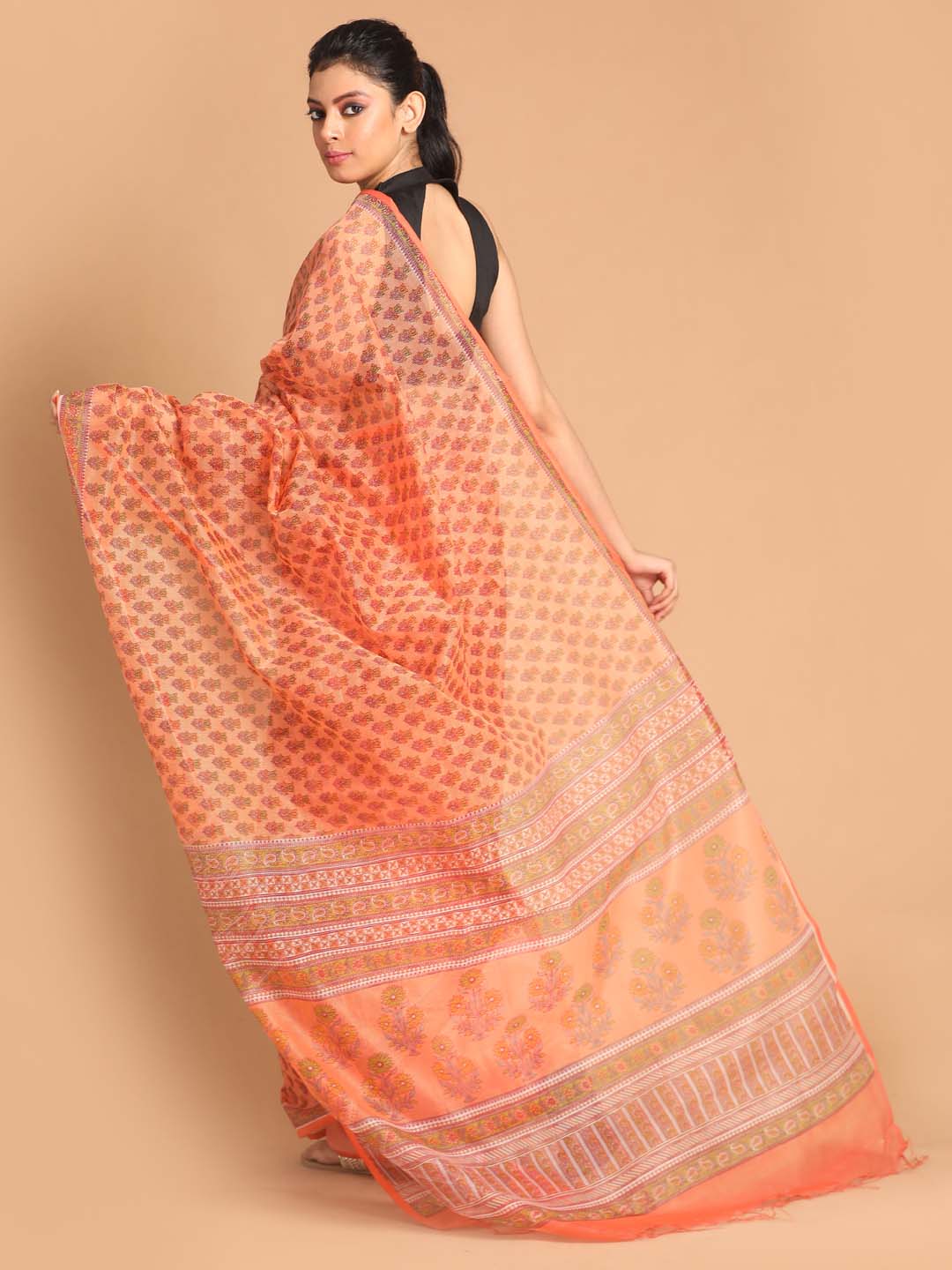 Indethnic Printed Super Net Saree in Coral - View 3