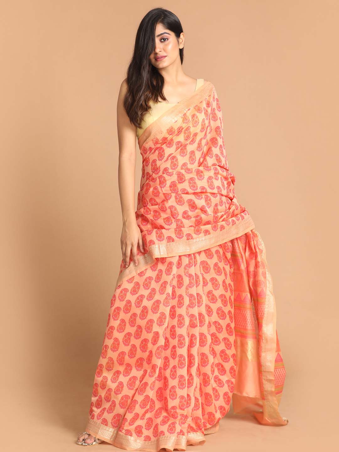 Indethnic Printed Cotton Blend Saree in Coral - View 1