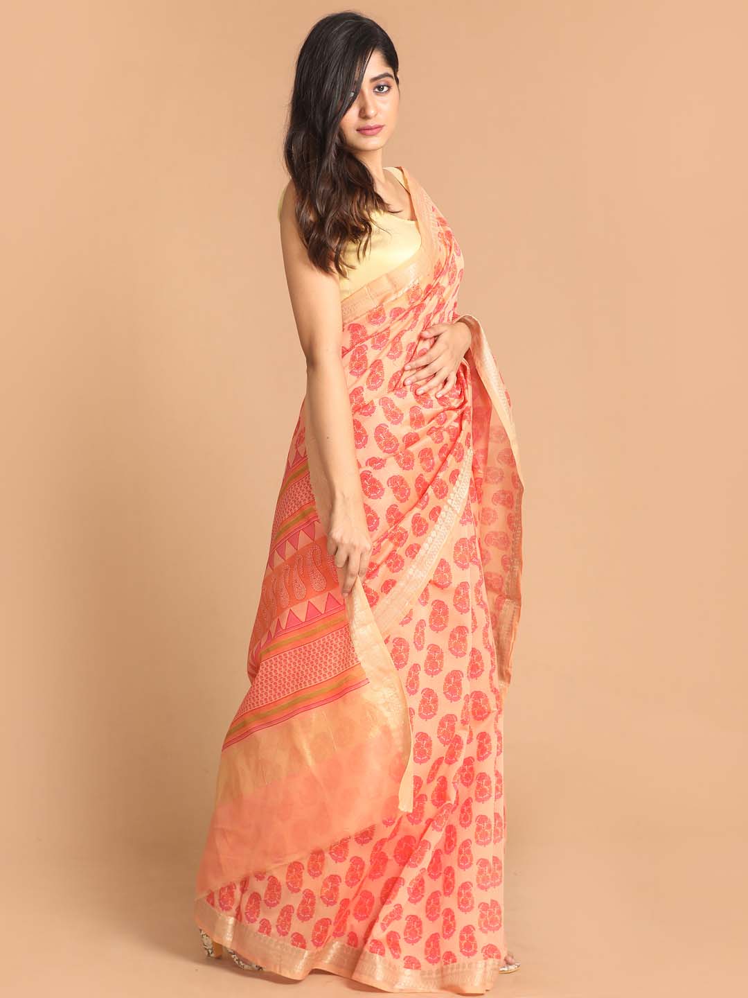 Indethnic Printed Cotton Blend Saree in Coral - View 2