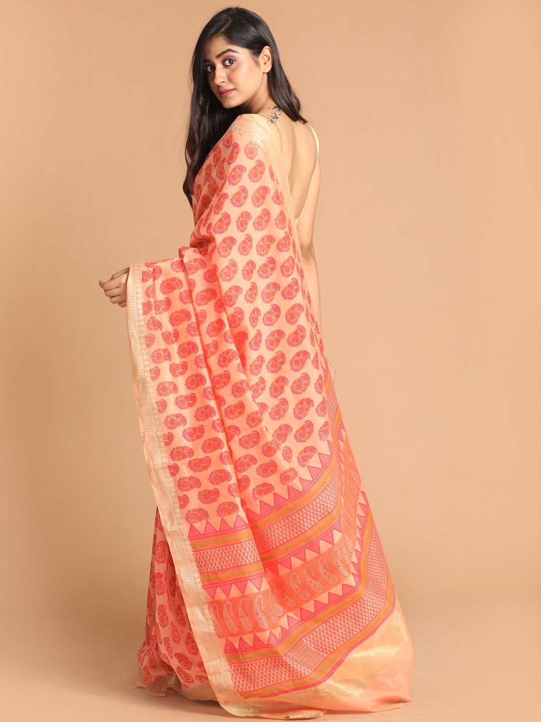 Indethnic Printed Cotton Blend Saree in Coral - View 3