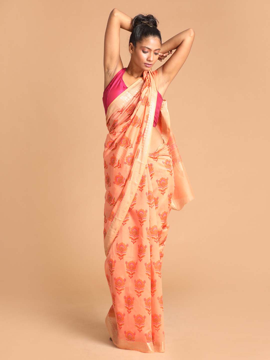 Indethnic Printed Cotton Blend Saree in Coral - View 1