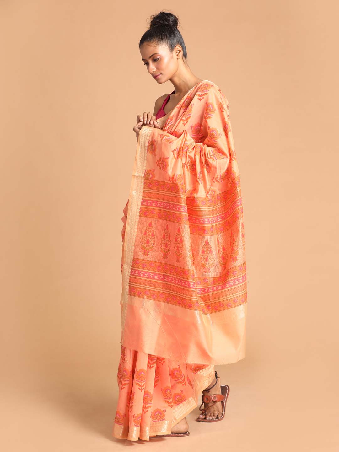 Indethnic Printed Cotton Blend Saree in Coral - View 2