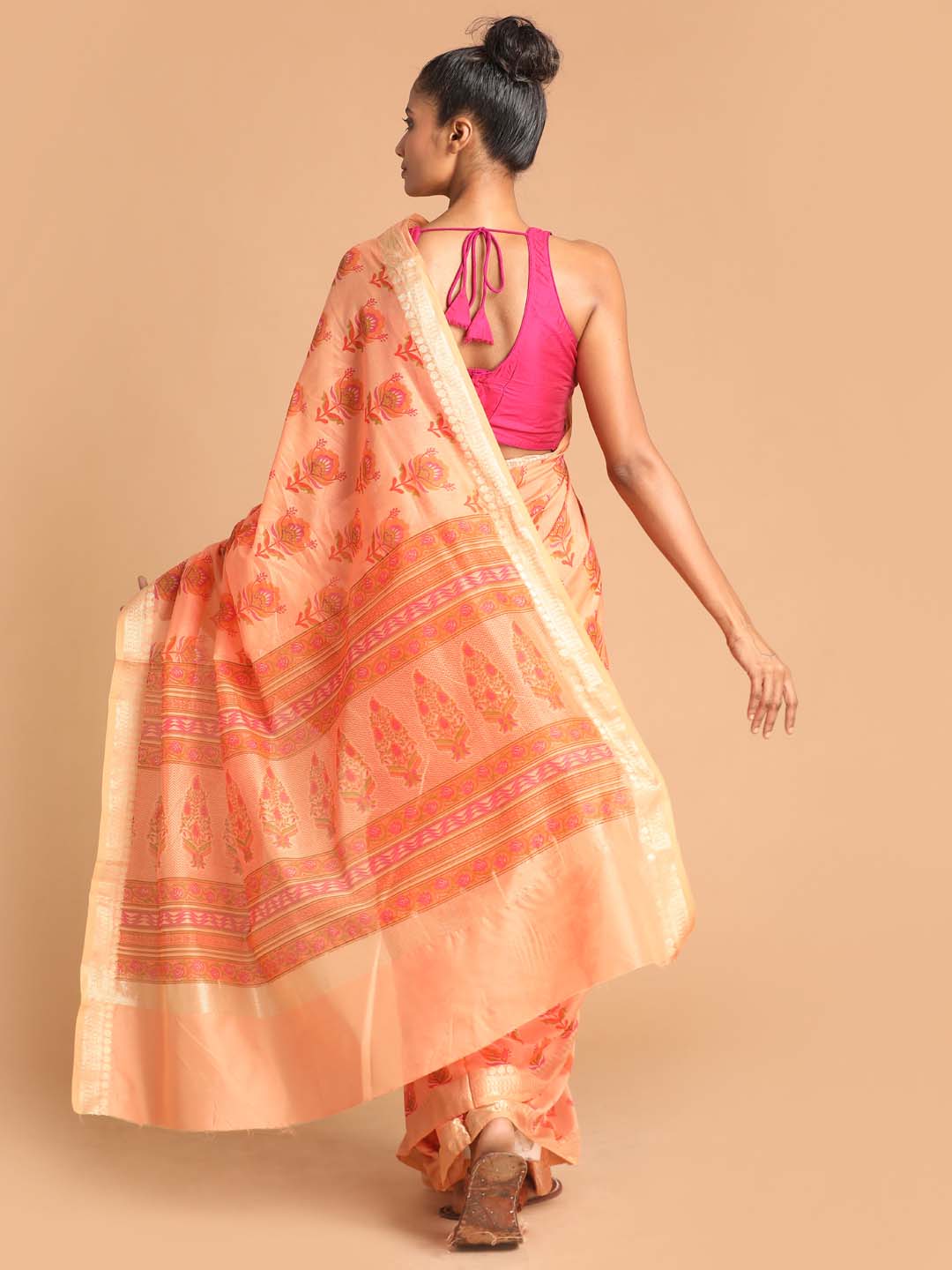 Indethnic Printed Cotton Blend Saree in Coral - View 3