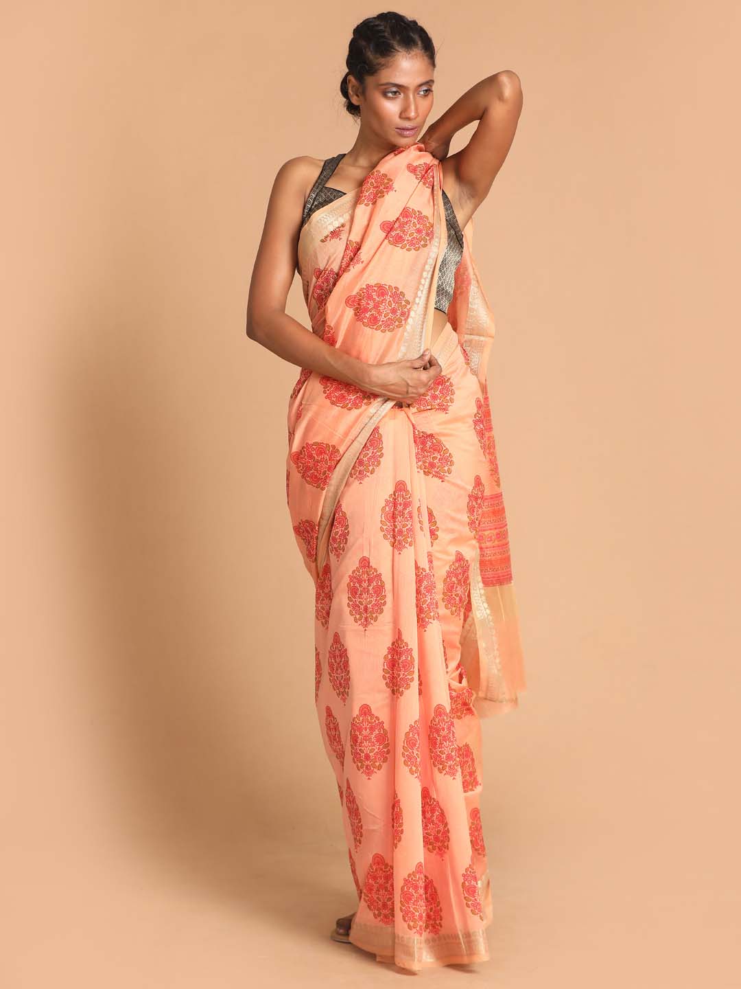 Indethnic Printed Cotton Blend Saree in Coral - View 1