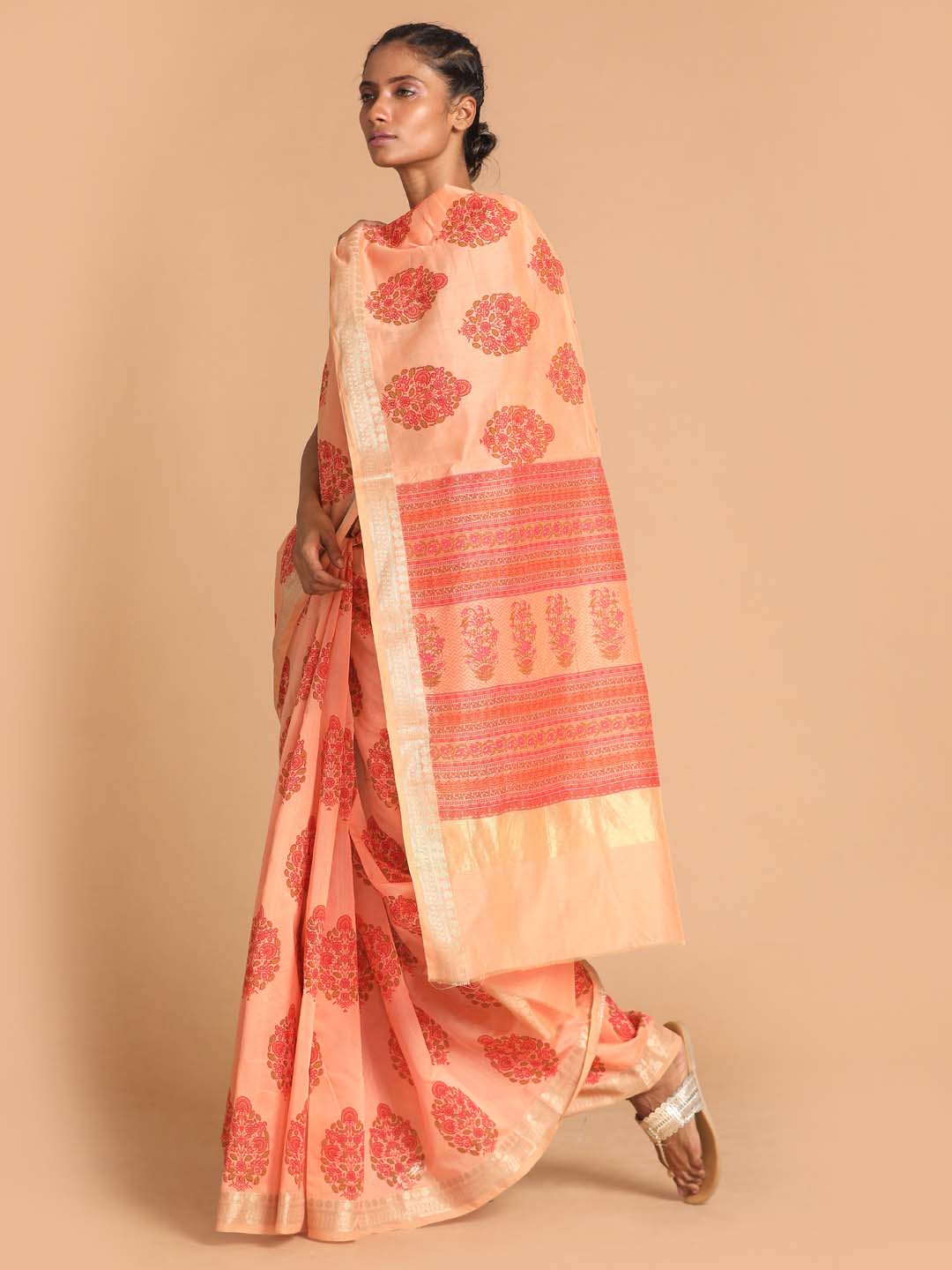 Indethnic Printed Cotton Blend Saree in Coral - View 2