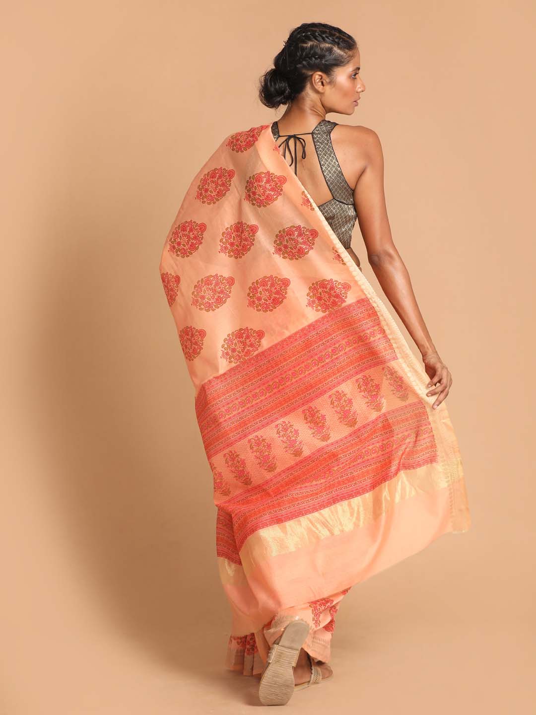 Indethnic Printed Cotton Blend Saree in Coral - View 3