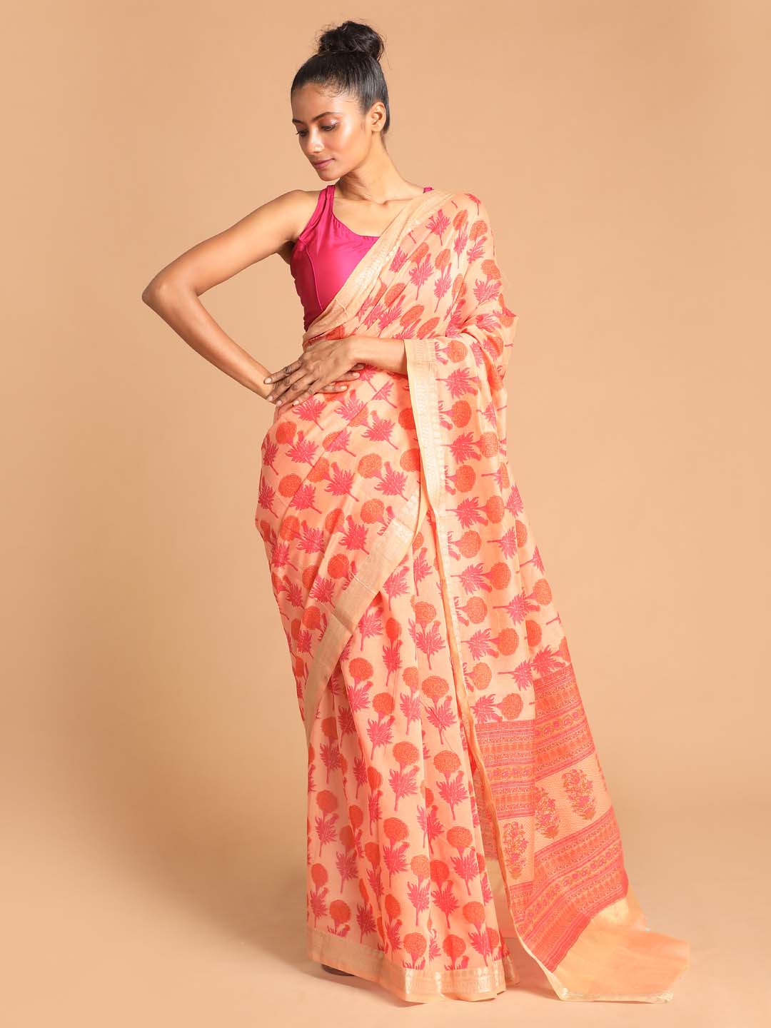 Indethnic Printed Cotton Blend Saree in Coral - View 1