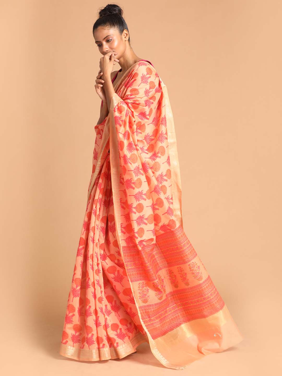 Indethnic Printed Cotton Blend Saree in Coral - View 2