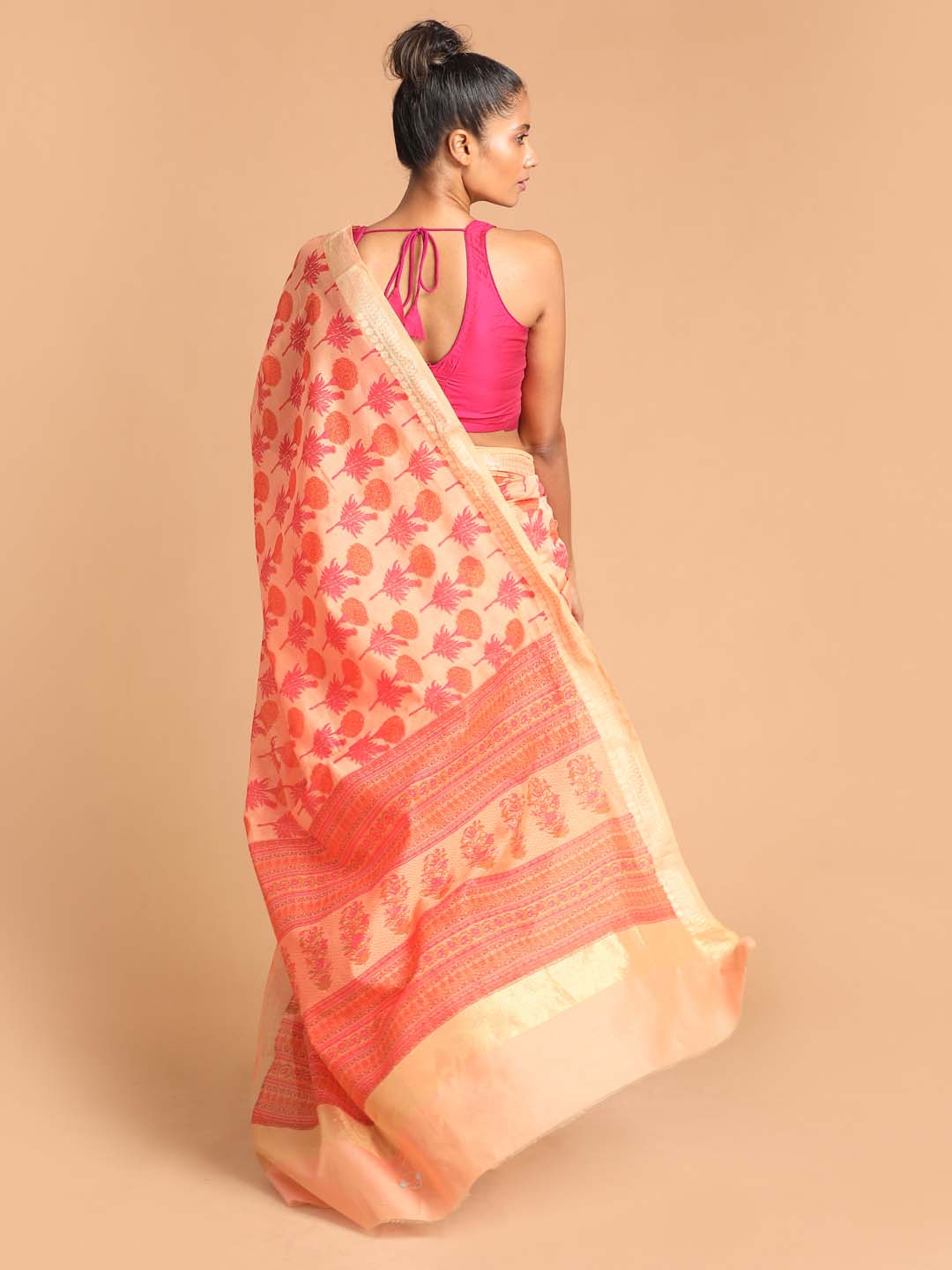 Indethnic Printed Cotton Blend Saree in Coral - View 3