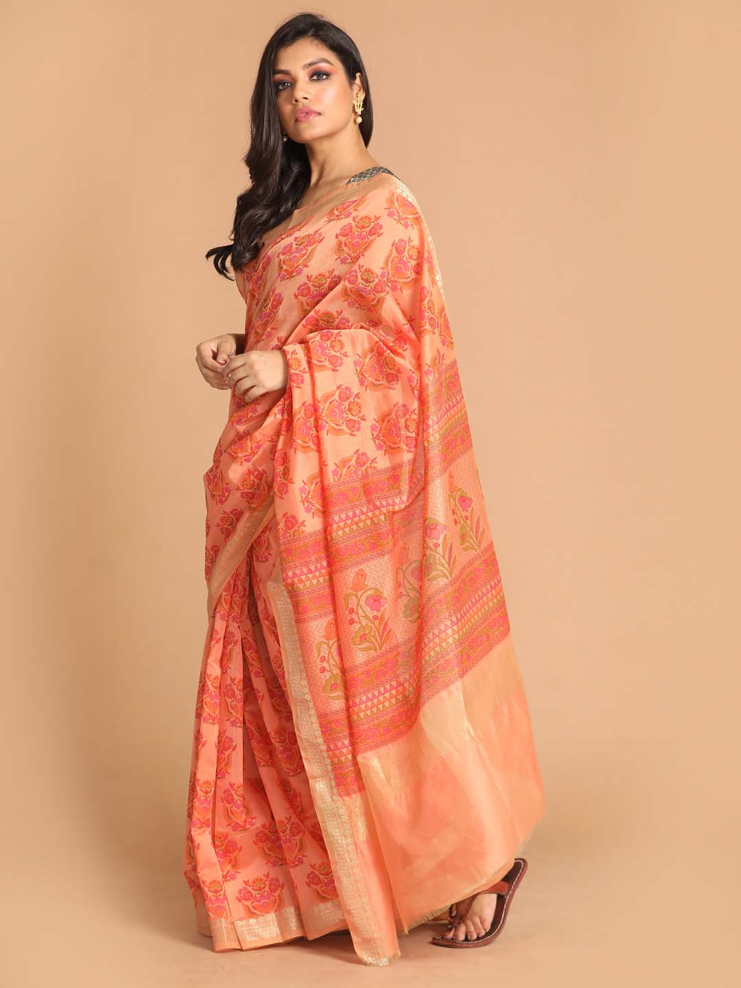 Indethnic Printed Cotton Blend Saree in Coral - View 2