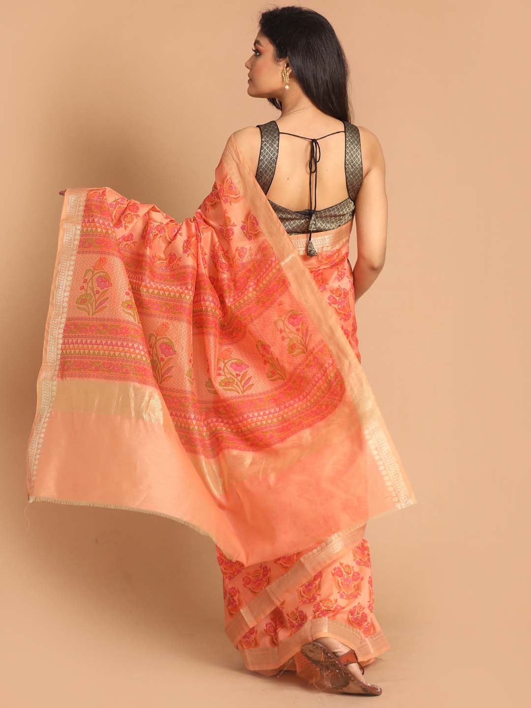Indethnic Printed Cotton Blend Saree in Coral - View 3